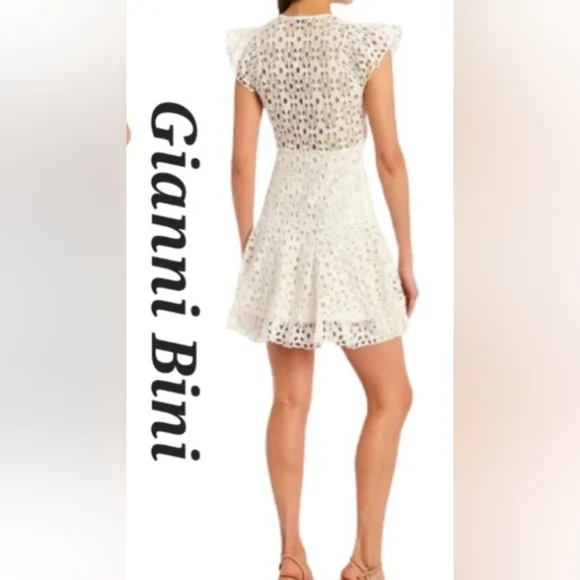 Gianni Bini Tammy V-Neck Flutter Short Sleeve Eyelet Cinched Tie Waist Mini Dres - Picture 2 of 10